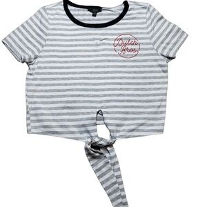 Dutch Bros Women’s Gray Striped Front Tie CUTE Short Sleeve Top DB 1992 MEDIUM